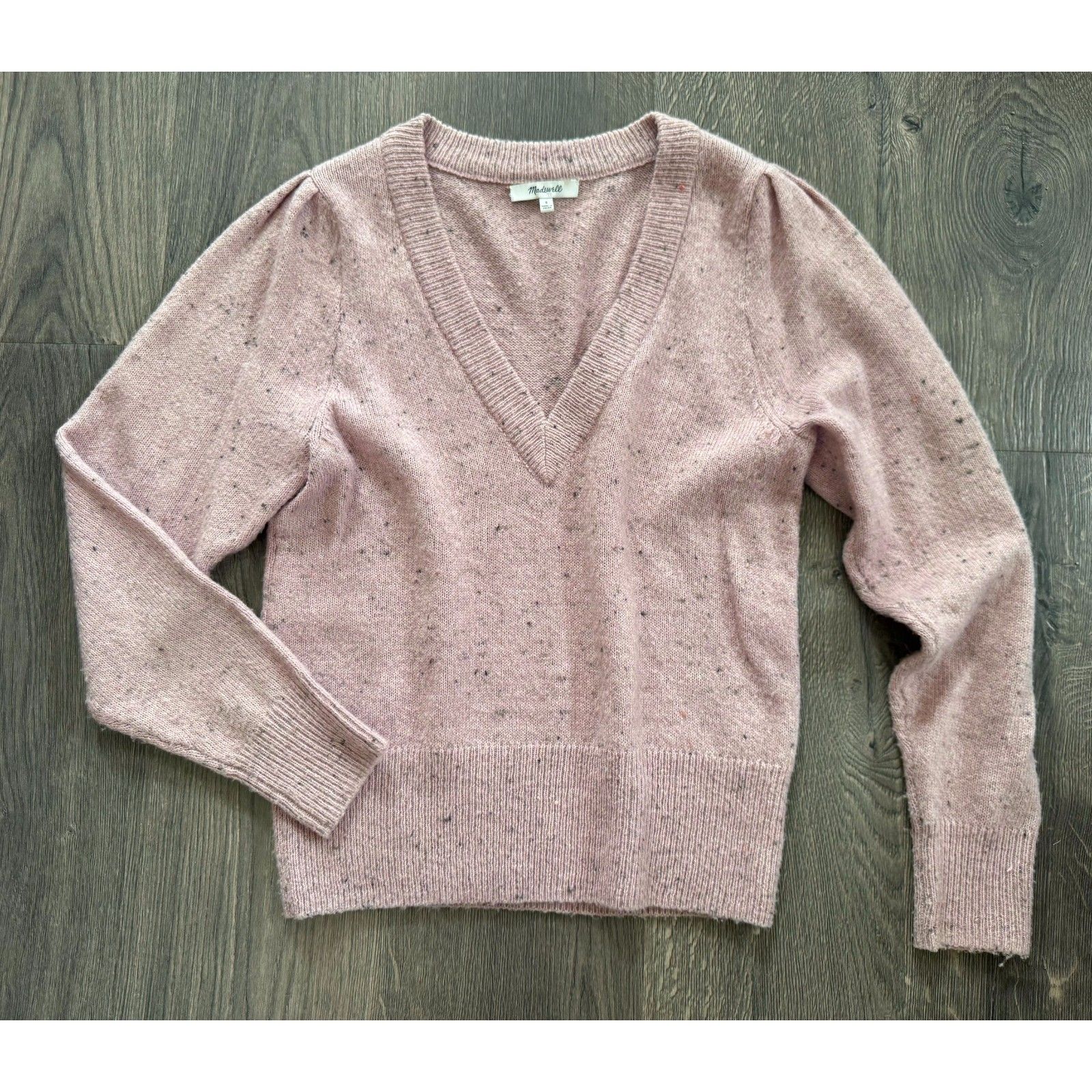 Madewell V-Neck Pink Ruched Sleeve Wool Sweater S Excellent Condition